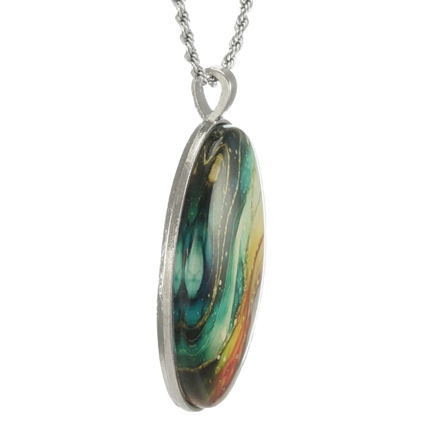 Intricate Highly Detailed Colorful Oval Rainbow Pendant, 20” Stainless Steel Rope Chain Necklace, Gift for Her