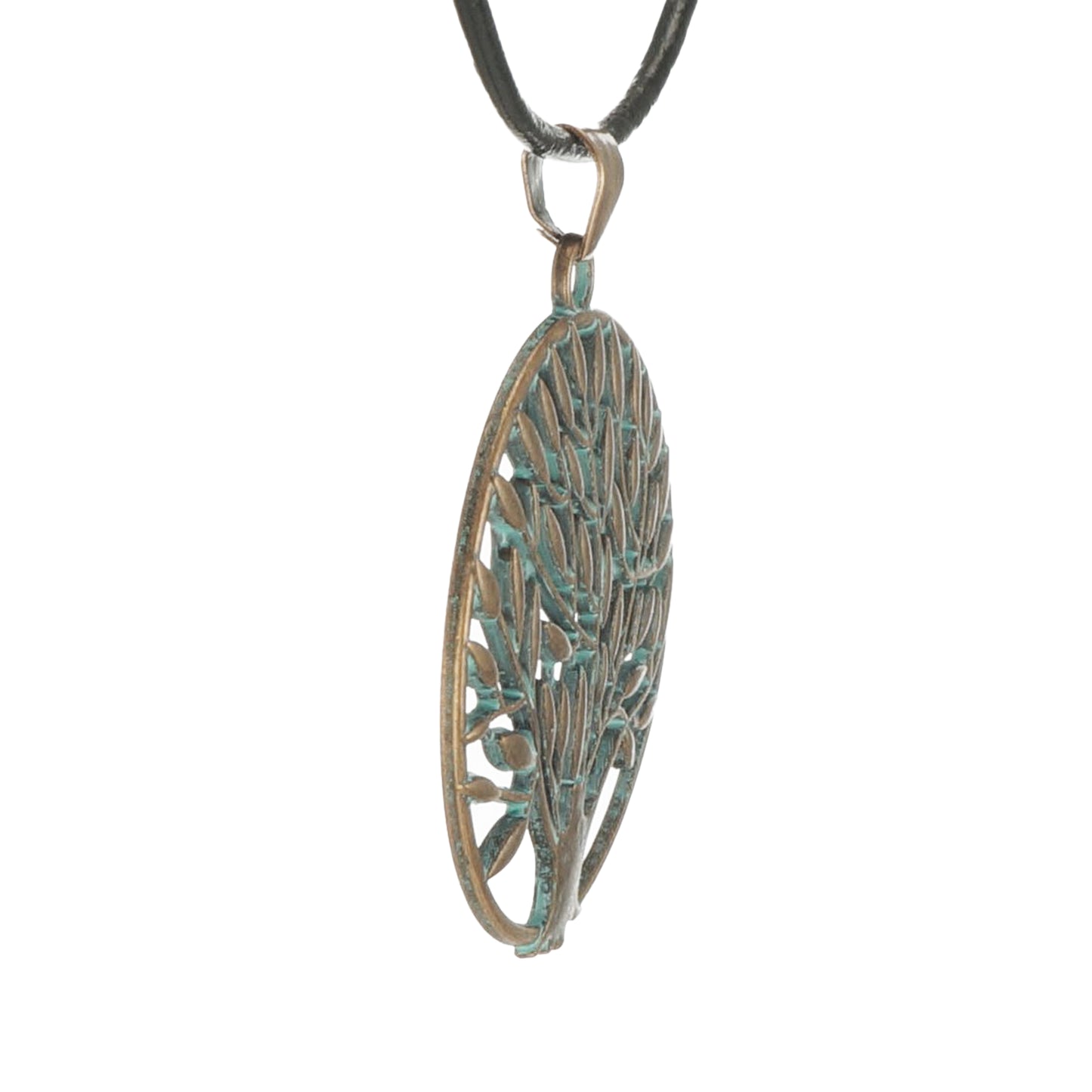 Unisex Copper Patina Tree Pendant Black Leather Cord Boho Statement Necklace, Length Choices