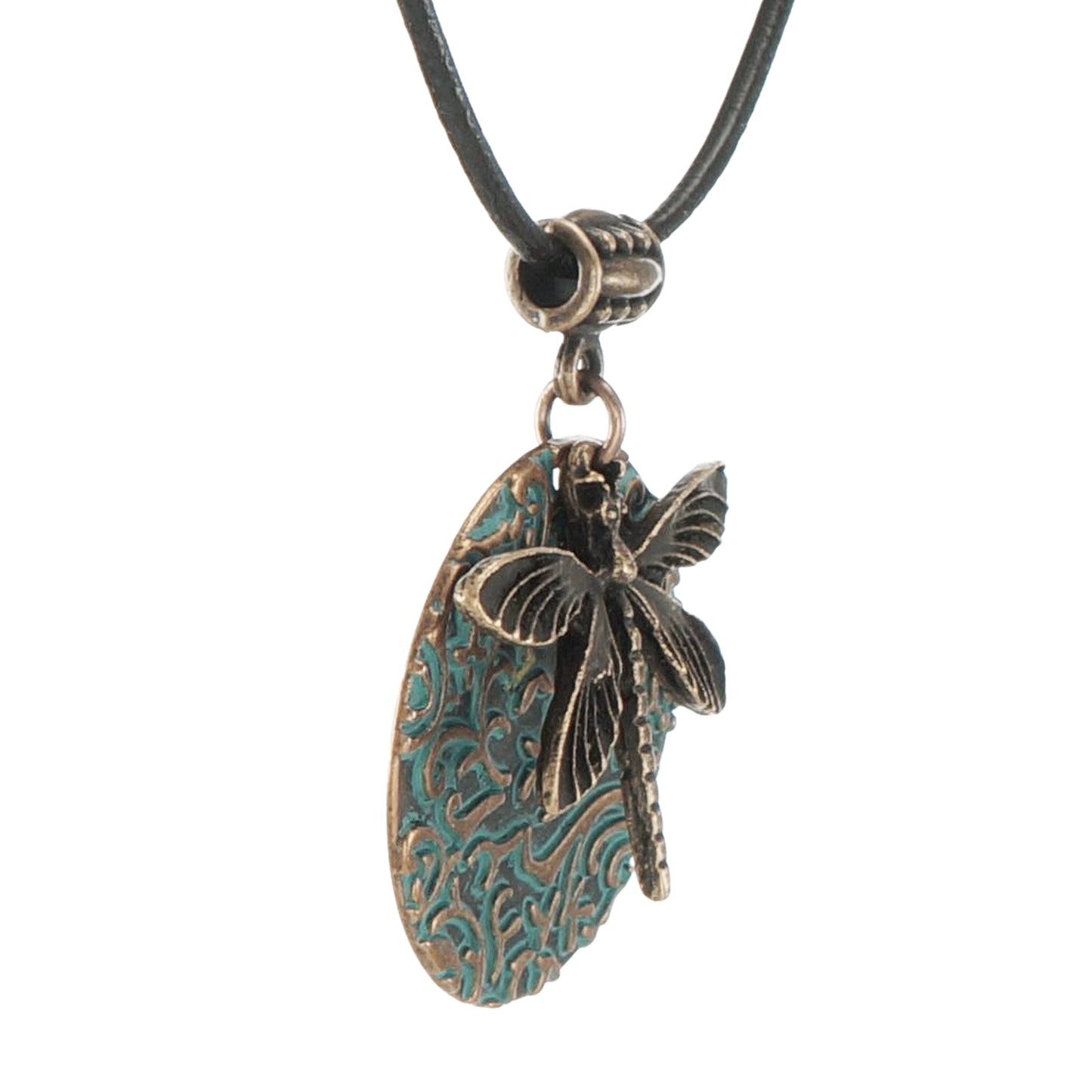 Nature Inspired Copper Patina Dragonfly Statement Pendant Boho Black Leather Cord Necklace, Length Choices, Gift for Her