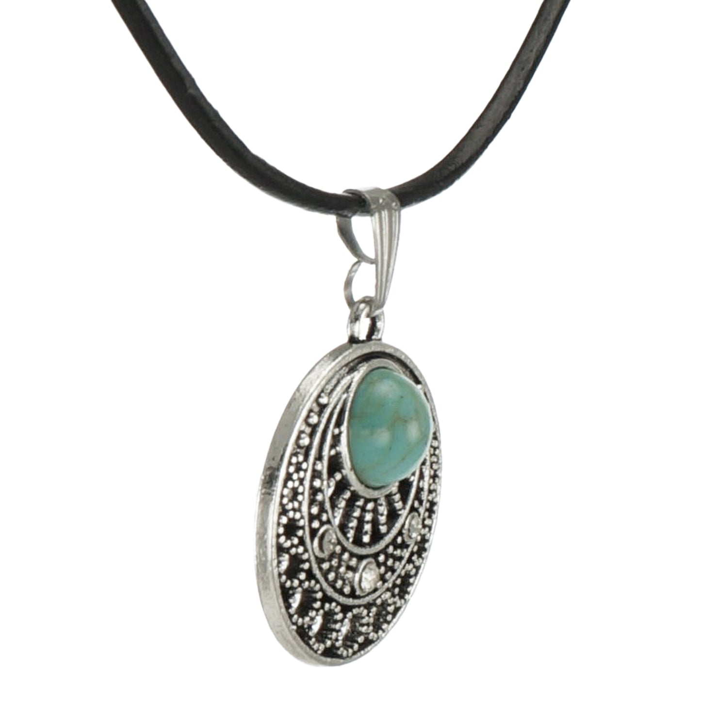 Boho Silver & Turquoise Pendant on Black Leather Cord, Length Choices