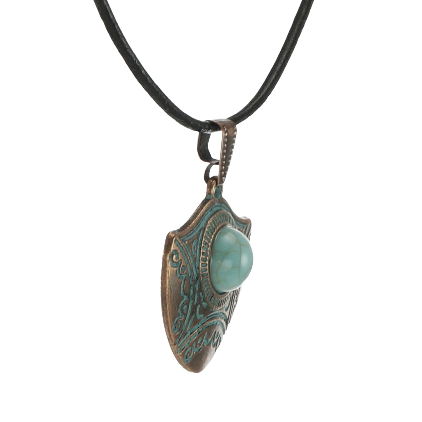 Turquoise & Copper Patina Boho Shield Pendant, Black Leather Cord Necklace, Length Choices, Unisex Gift for Him or Her