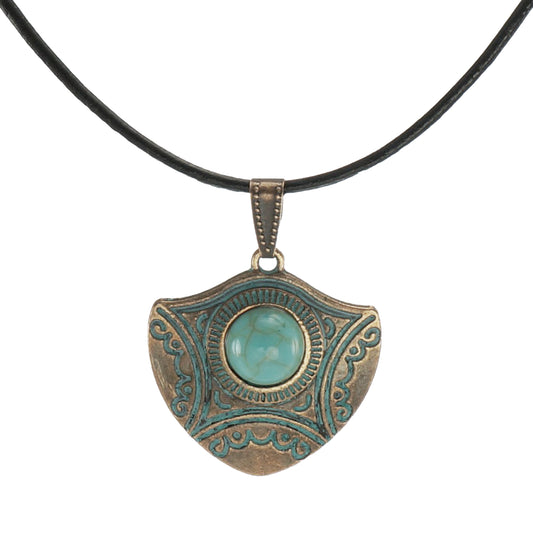 Turquoise & Copper Patina Boho Shield Pendant, Black Leather Cord Necklace, Length Choices, Unisex Gift for Him or Her