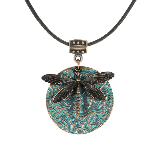Nature Inspired Copper Patina Dragonfly Statement Pendant Boho Black Leather Cord Necklace, Length Choices, Gift for Her