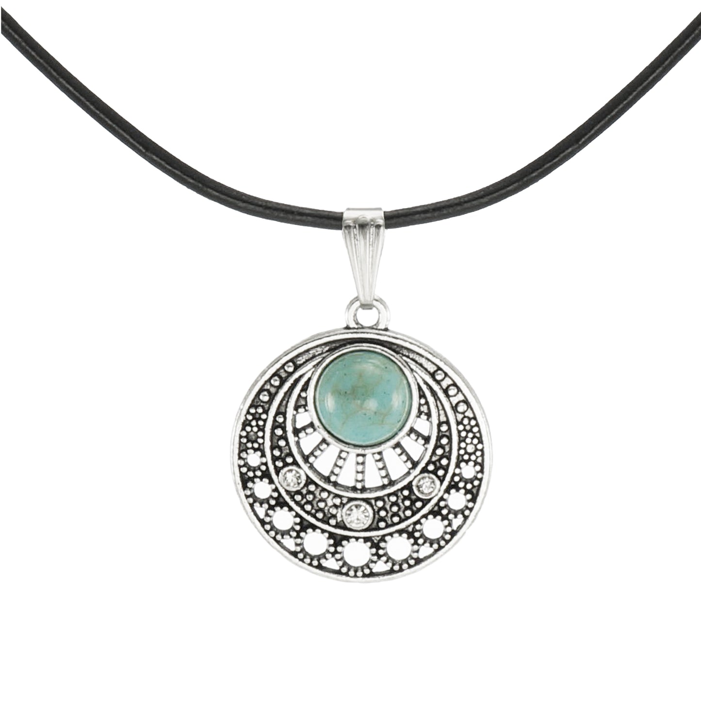 Boho Silver & Turquoise Pendant on Black Leather Cord, Length Choices