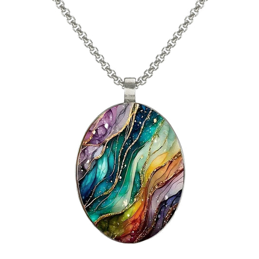 Intricate Highly Detailed Oval Colorful Rainbow Pendant, Stainless Steel Necklace, Length Choices