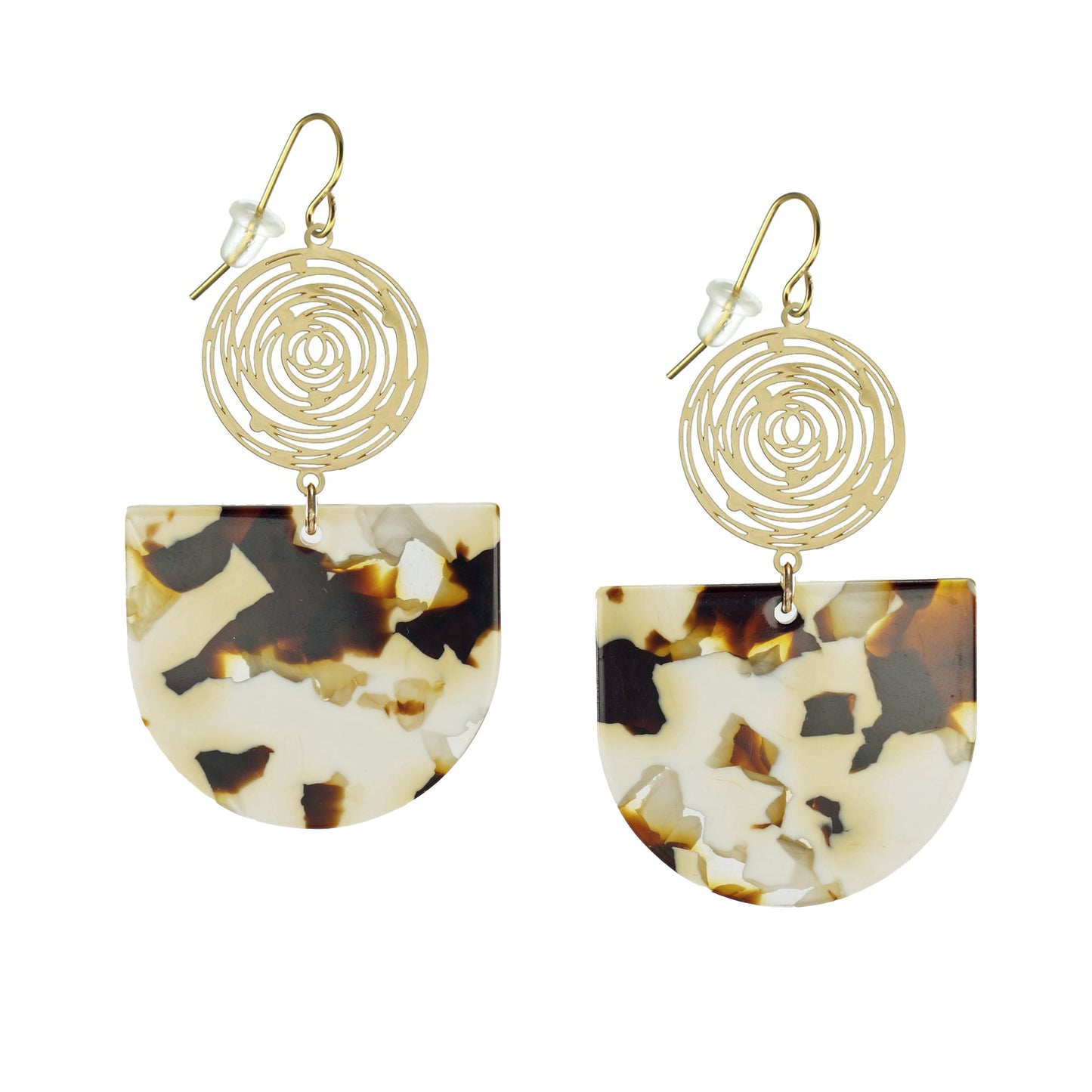 Gold Circles with Brown & Beige Drops Boho Statement Earrings, 18K Gold Ear Wires, Gift for Her