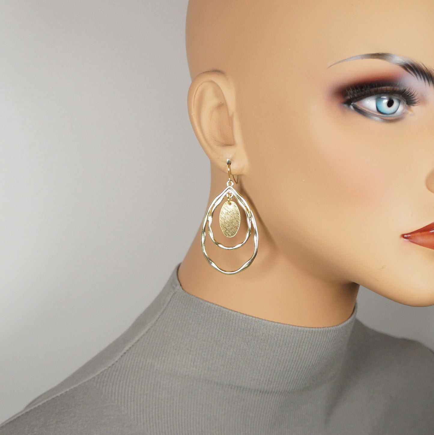 Beautiful Hammered Gold Double Teardrop Boho Statement Dangle Earrings, 18K Gold Ear Wires