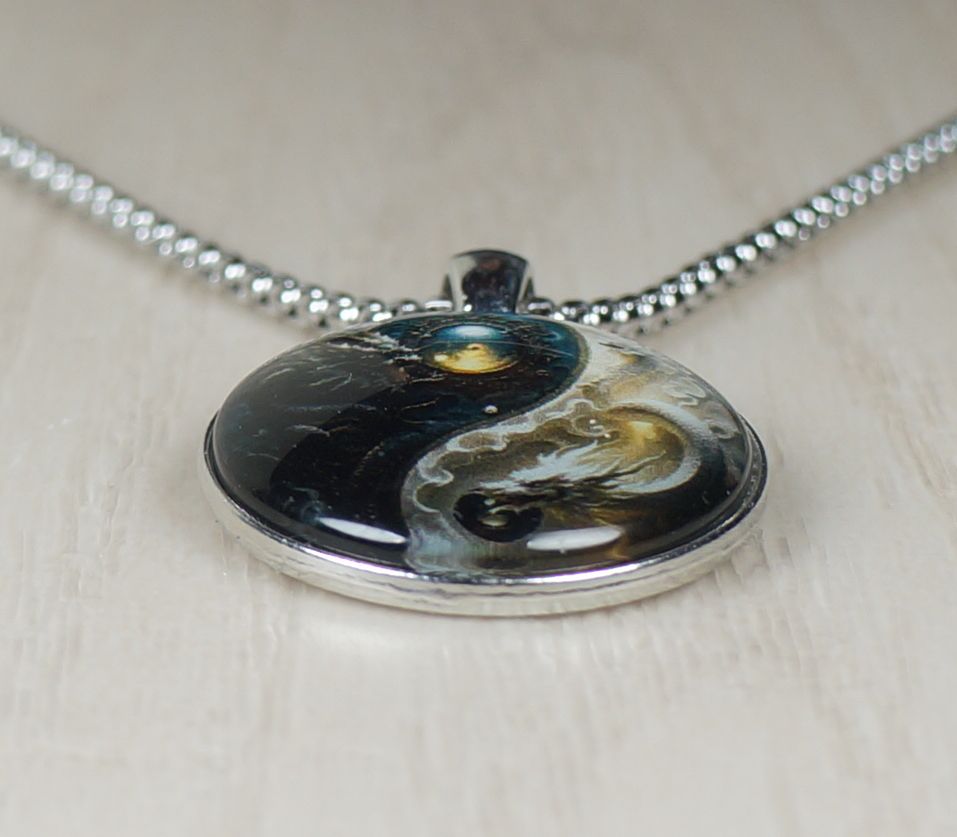 Intricate Highly Detailed 2-D Yin Yang Dragon Pendant, Stainless Steel Necklace, Length Choices
