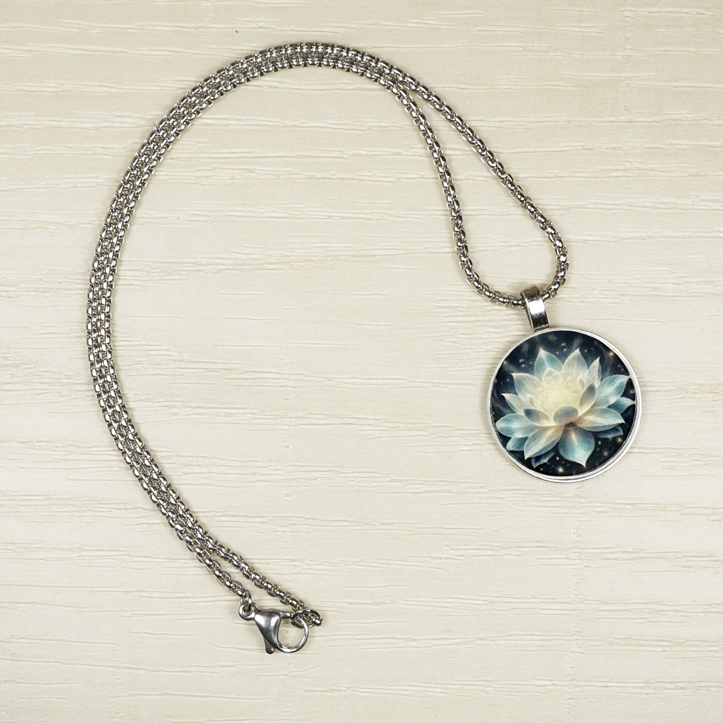Small Lotus Flower Printed Pendant, Stainless Steel Chain Necklace, Length Choices, Feminine Gift for Her