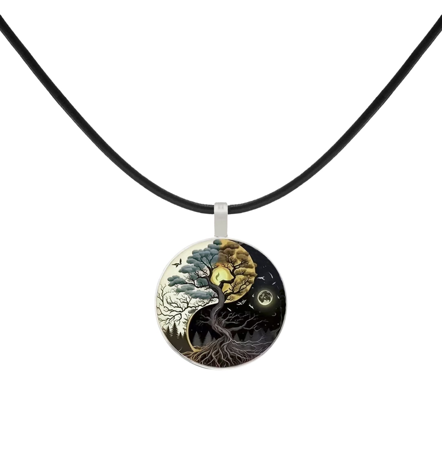 Intricate Highly Detailed Yin Yang Tree of Life Pendant Black Leather Cord Necklace, Length Choices, Gift for Her or Him