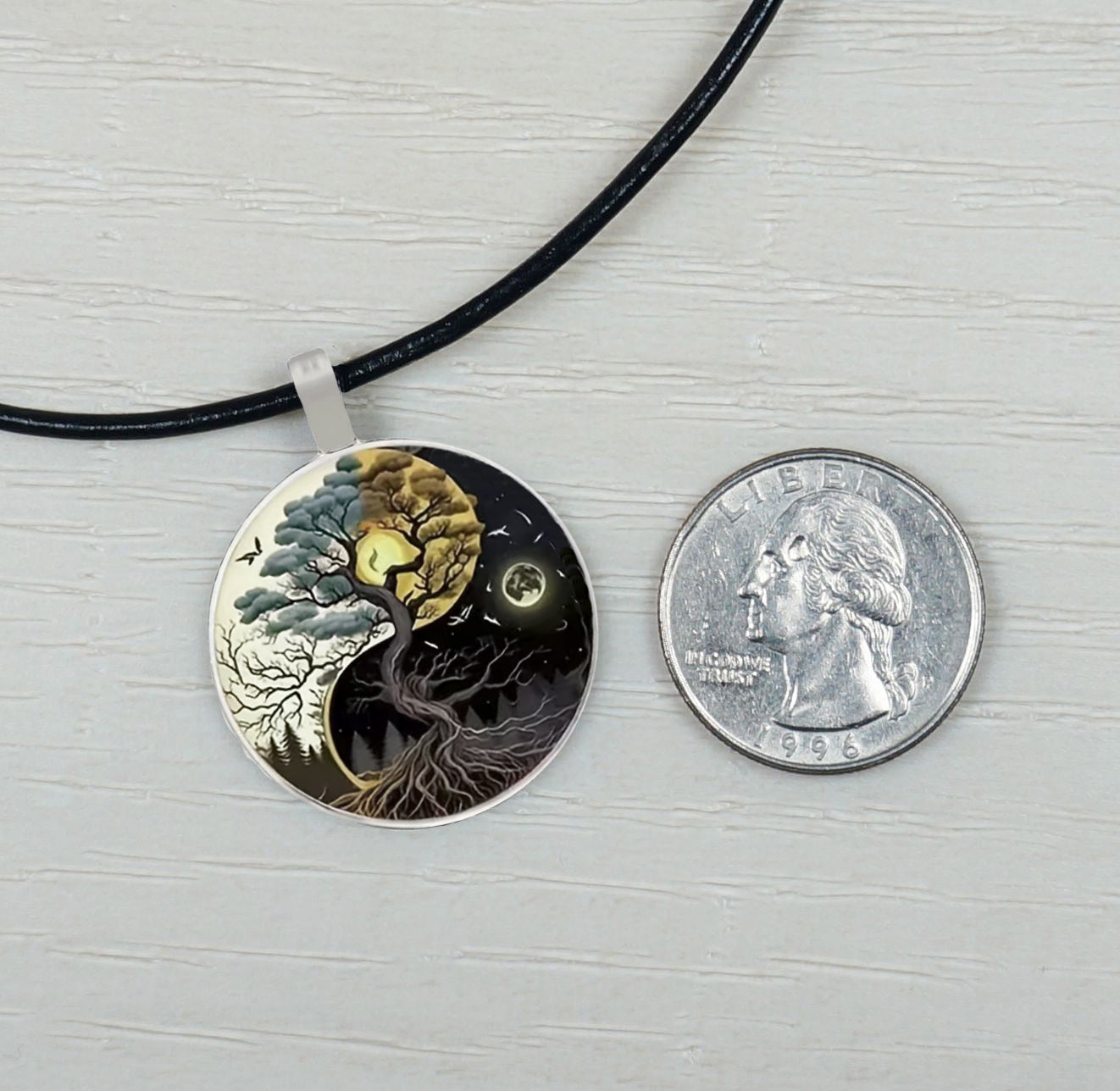 Intricate Highly Detailed Yin Yang Tree of Life Pendant Black Leather Cord Necklace, Length Choices, Gift for Her or Him