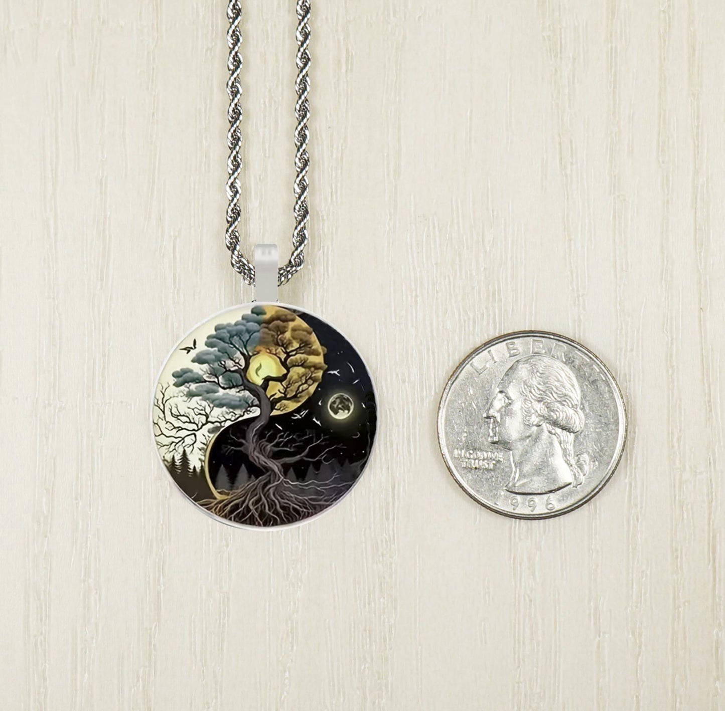 Intricate Highly Detailed Yin Yang Tree of Life Pendant on Solid Stainless Steel Rope Chain, 20 Inch, Unisex Gift