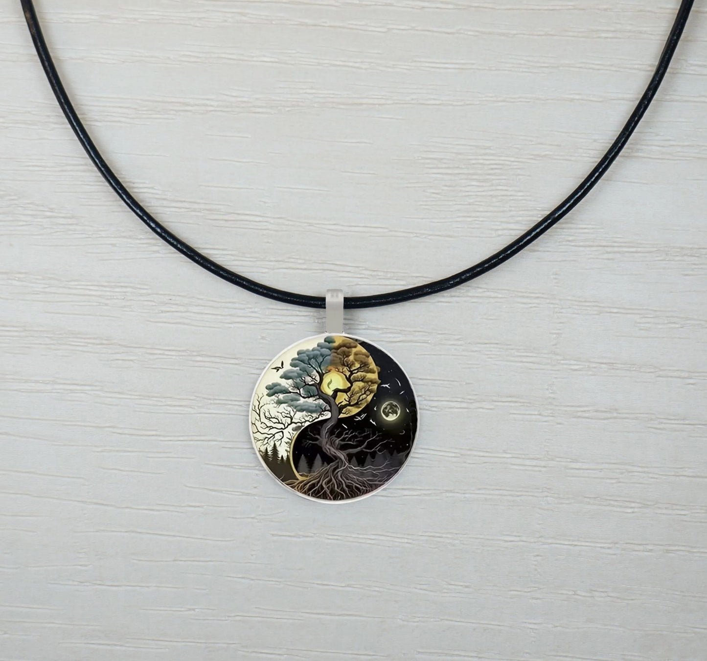 Intricate Highly Detailed Yin Yang Tree of Life Pendant Black Leather Cord Necklace, Length Choices, Gift for Her or Him