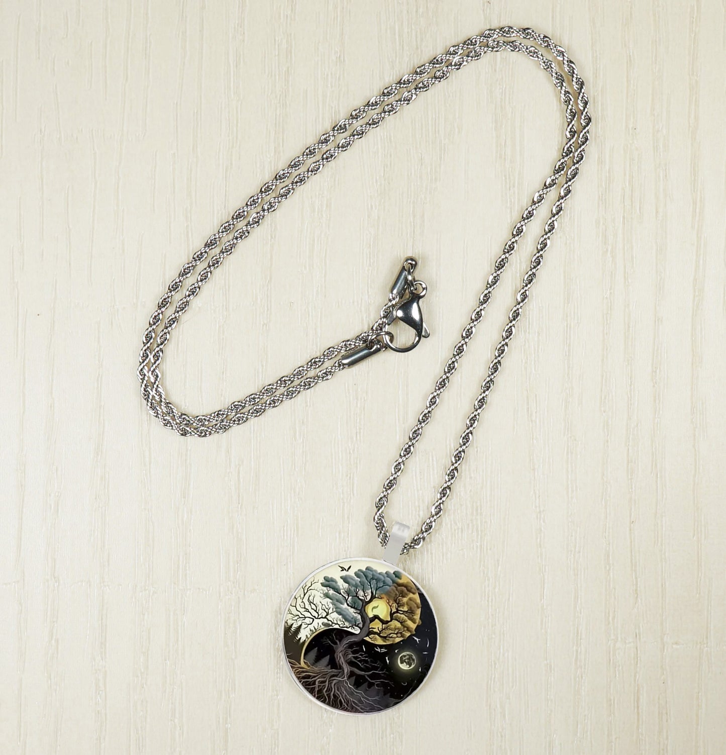 Intricate Highly Detailed Yin Yang Tree of Life Pendant on Solid Stainless Steel Rope Chain, 20 Inch, Unisex Gift