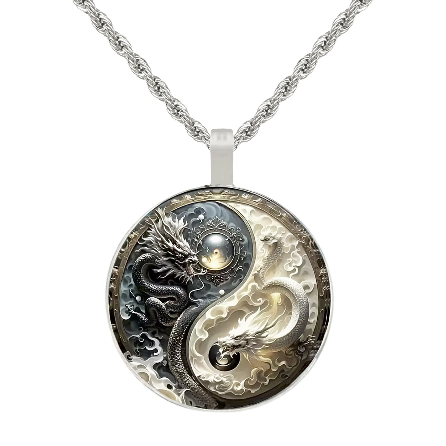 Intricate Highly Detailed Yin Yang Dragon Pendant, Stainless Steel Rope Chain, 20 Inch, Gift for Him or Her
