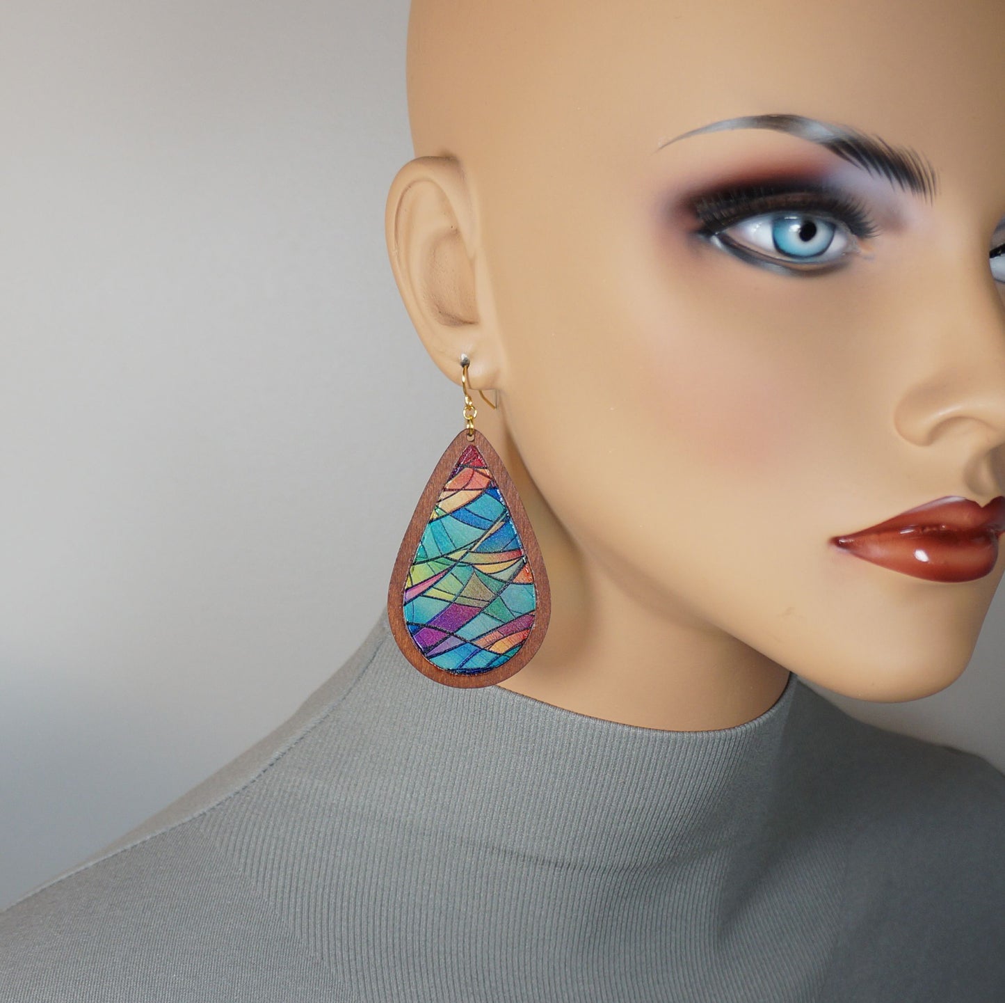 Colorful Stained Glass Effect Lightweight Brown Wood Teardrop Boho Statement Earrings, 18K Gold Ear Wires