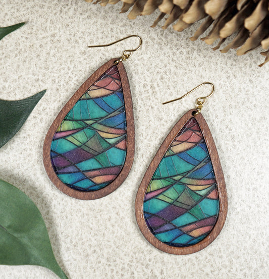 Colorful Stained Glass Effect Lightweight Brown Wood Teardrop Boho Statement Earrings, 18K Gold Ear Wires