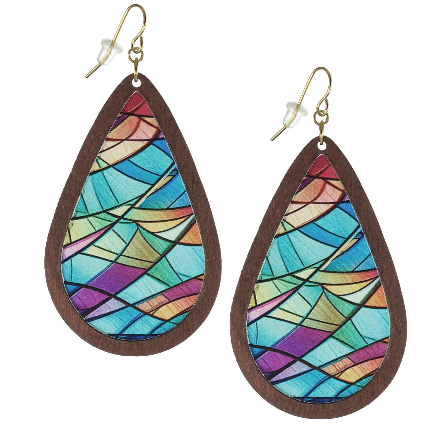 Colorful Stained Glass Effect Lightweight Brown Wood Teardrop Boho Statement Earrings, 18K Gold Ear Wires